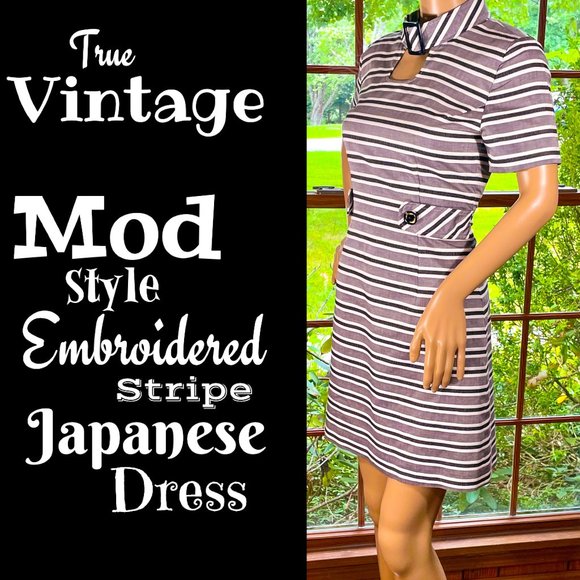 ▪️VTG▪️Mod Embroidered Stripe Japanese Dress - Picture 1 of 8
